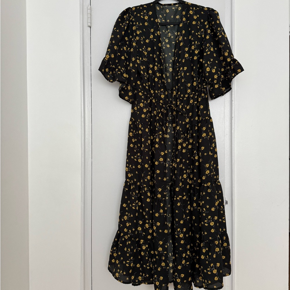 Urban Outfitters Floral Black and Yellow Front tie Robe Dress
